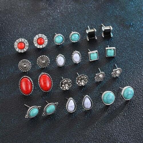 12Pairs/Lot Vintage Cracked Stone Women Stud Earrings Set Brincos Party Jewelry Boho Round OvalEarrings Mix Ear Studs