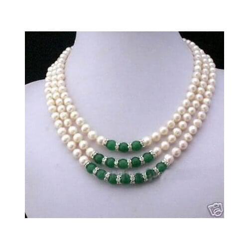 3Rows 7-8MM White Akoya Pearl & Emerald Necklace