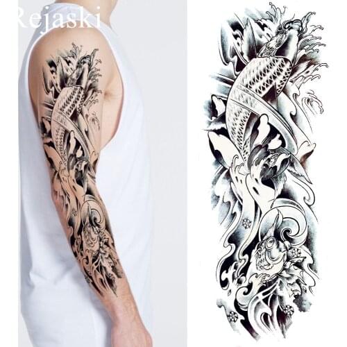 3D Black Carp Temporary Tattoo Stickers Men Full Arm Body Art Water Transfer Tattoo Women Fish Shoulder Fake Tatoos Sexy Leg