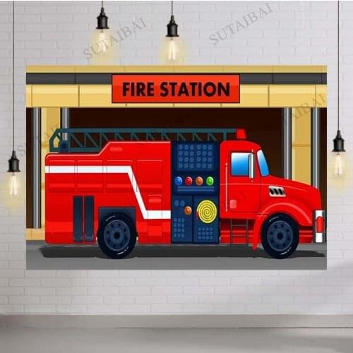 Birthday Party Background for Boys Firefighter Fire Station Photography Backdrops for Kids Fire Truck Cake Table Decorations
