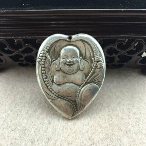 Chinese tibet Silver dispel evil maitreya buddha statue amulet necklace pendant metal handicraft