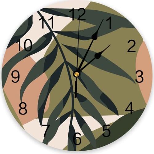 Tropical Plant Leaves Silhouette Round Wall Clock Modern Design Home Living Room Decoration Childrens Room Kitchen Table Clock