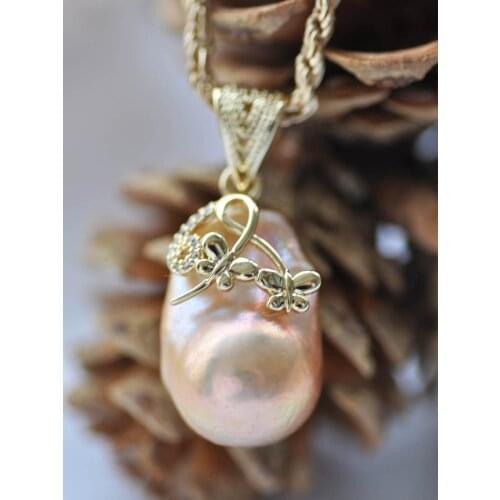MCT·STAR Z10385 27mm Pink Baroque Keshi Pearl Four-leaf clover gold-plating CZ Pendant