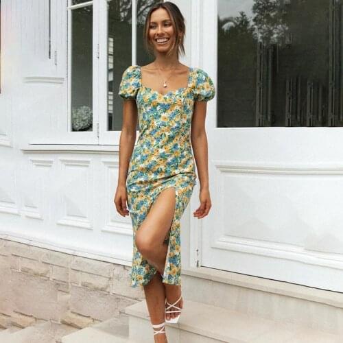 Summer Fashion Sexy Square Collar Dress 2021 Womens Elegant Slim Print Short Sleeve Party Dresses For Women Robe Femme