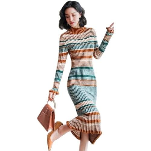 Mid-length Fashion Knit Dress New French Style Retro Skirt Skirt High-collared Sweater Skirt Over the Knee 2021 Autumn Winter Dr