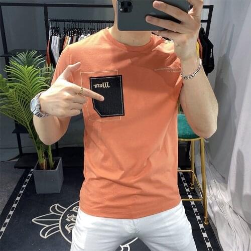 Mens T-shirt 2021 Summer New Korean 95% Cotton Round Neck Embroidery Personality Ice Silk Leisure Sports Short Sleeve Top