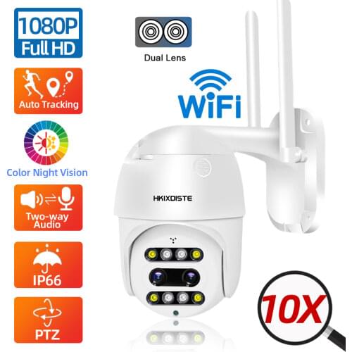 Outdoor CCTV HD 1080P Wifi IP PTZ Camera Two Way Audio Dual Lens 10X Zoom Auto Tracking Wireless Security Surveillance Camera