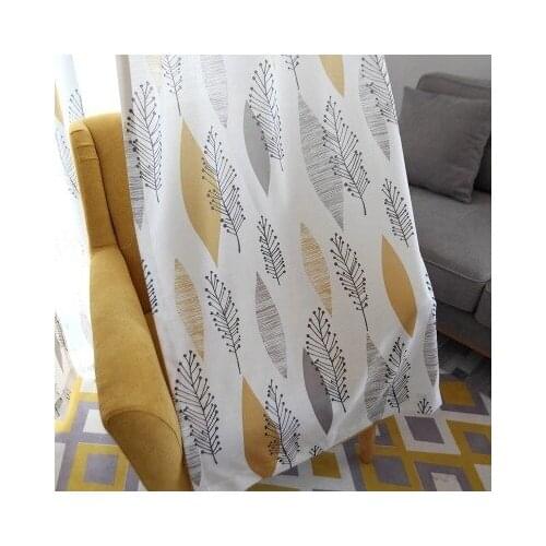 Modern and simple Nordic fresh cotton and linen Golden leaf print curtains for living room bedroom