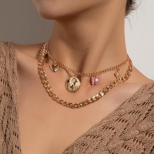 Punk Double Layers Thick Chain Heart Butterfly Choker Necklaces for Women Vintage Geometric Round Choker Colar Necklace Jewelry