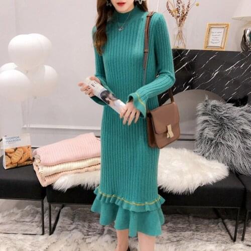 Womens sweater dress ruffled knit dress female autumn and winter new fashion striped sleeves bottoming sweater