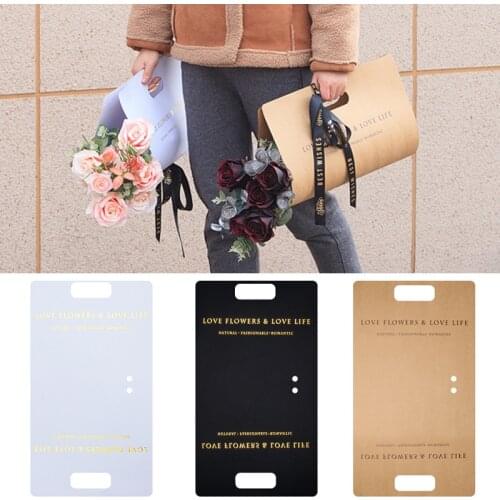Portable Flower Box Kraft Paper Flowers Packing Bag Black White Bronzing Letter Decorative Gift Packaging Wedding Gift Wrapping