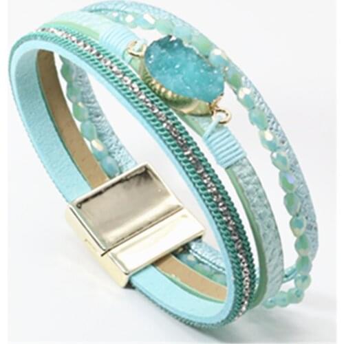 Pink Summer Beach Jewelry Pink Blue Rhinestone Chain Crystal Wristband Leathe Women Bracelets Fashion Girl Bangle Female Jewelry