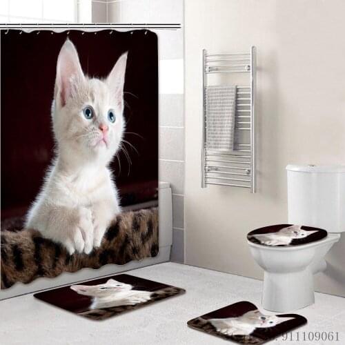 Cartoon Animal Simple Shower Curtain Set 4Pcs Waterproof Polyester Fabric Shower Curtain Cat Print Shower Curtain Non-slip Mat