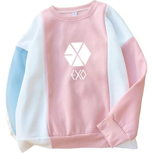 EXO Hoodies Women Korean Kpop Casual Streetwear Spell Color Splic Fleece O-neck Harajuku Autumn Winter Sudadera Mujer Sweatshirt