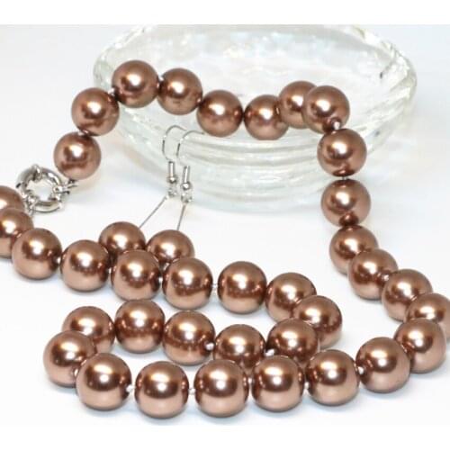 Unique Design Romantic Champagne 12mm Simulated-pearl Shell Round Beads Necklace Earrings for Women Jewelry Set 18inch B2340