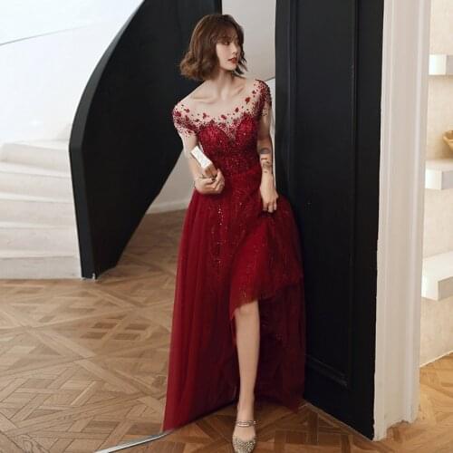 Flowers Embroidery Sequins Evening Dresses Wine Red Sexy Illusion Evening Gown A-line Luxury Formal Dress Abendkleider Plus Size
