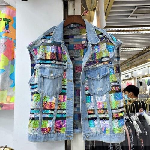 2021 Summer New Jean Sleeveless Top Studded Sequins Do The Old Denim Vest Womens Loose Thin Sleeveless Coat Chalecos Para Mujer