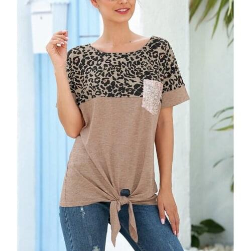 WomenS Sequins Pocket Leopard Print Splice Knotted Tops Short Sleeve T-Shirts Light Coffee Size S