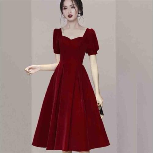 Velvet Long Midi Dress Women Elegant Office Lady Wine Red Pleated Party Dress Plus Size Square Collar Puff Sleeve Spring B402
