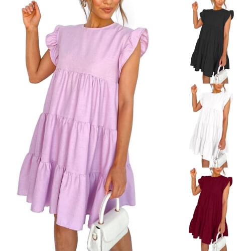 Women Summer Beach Dress Boho Fashion Ruffle Sleeve Solid Color Loose A-line Dress