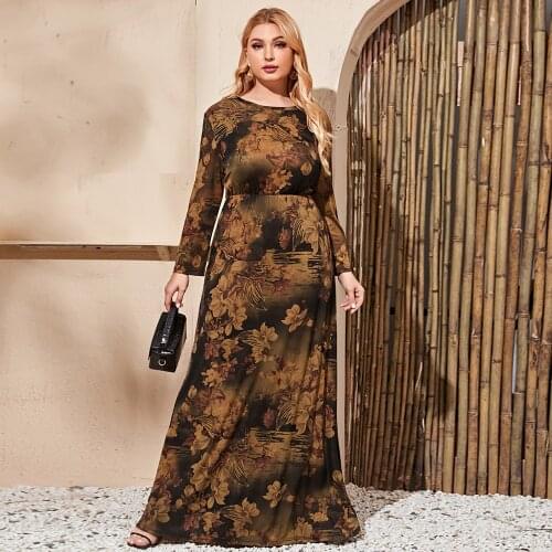 2021 Autumn Winter Dress Plus Size Women Long Sleeve Retro Floral Print Vintage Dress Pockets Maxi Abaya Muslim Islamic Clothing