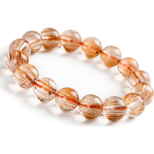 13mm Elegant Genuine Natural Copper Hair Rutilated Quartz Crystal Round Beads Stretch Bracelets