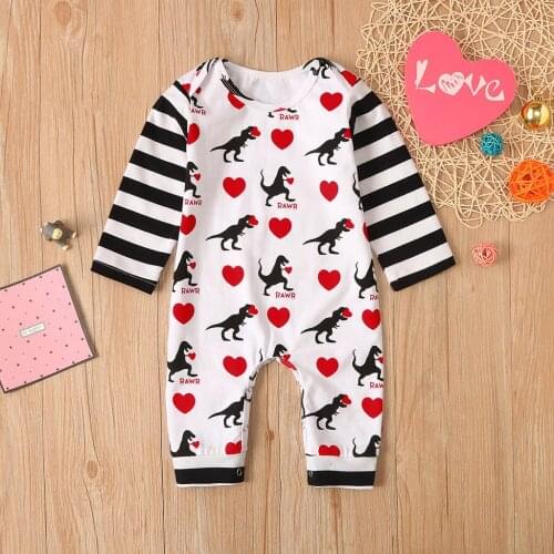 2020 New Newborn Baby Girls Boys Valentines Day Dinosaur Striped Romper Jumpsuit Outfits Comfortable Cotton Cloth Baby Clothes