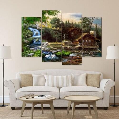 4PCS HD Printing Waterfall House Outdoor Landscape Art Painting Modern Living Room Corridor Poster Home Decoration Frameless