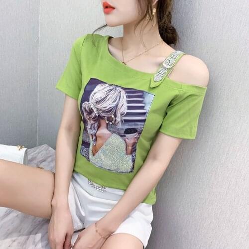 #5958 Summer Off Shoulder T-Shirts For Women Sexy Skew Collar Cotton 3d Print T-shirt Femme Short Sleeve Slim Streetwear Tshirt