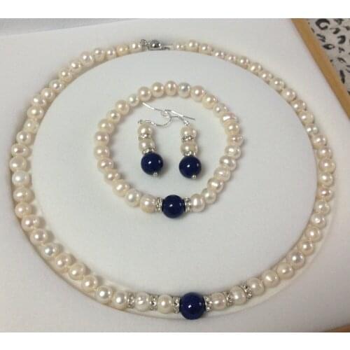 8-9mm White Pearl Lapis Beads Necklace Bracelet Earrngs Set Fashion Jewelry Set Natural Stone Mothers Day gifts (Min Order 1)