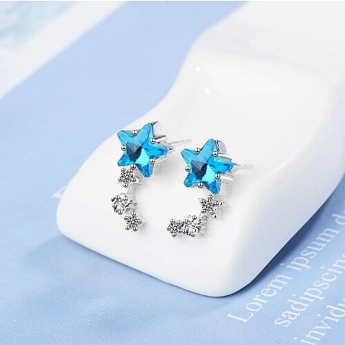 BVE10 925 Sterling Silver Trendy Shine CZ Zircon Blue Star Female Stud Earrings Promotion Jewelry Women Birthday Gift Cheap