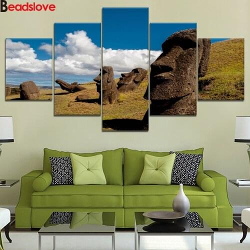 Diy Diamond Painting 5 Panel Chile Rapa Nui Island Easter Full Square Round Drill 5D Diamond Embroidery Mosaic Rhinestones