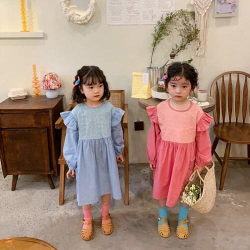 Korean Children Casual Spring Clothing 2021 New Elegant Flounced Sleeve Kids Girls Princess Dress Cotton, #9361