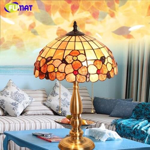 FUMAT European Style Tiffany Flower Shell Shade Table Lamp for Living Room Bedside Creative Lamp E27 Stand Table Lights