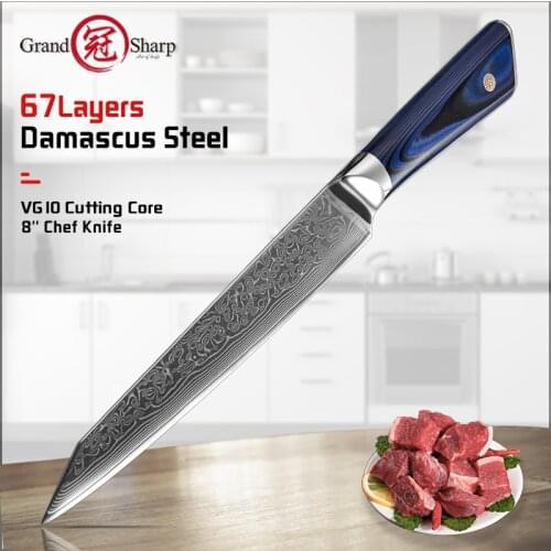Grandsharp 8 Inch Chef Kitchen Knives 67 Layers Damascus Steel Vegetable Meat Slicing Knife with G10 Handle Cooking Knife Gift