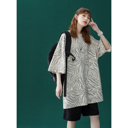 KULIQI Zebra Striped Summer Women Cotton T-shirts Short Sleeve Breathable Swag Tees for Girls