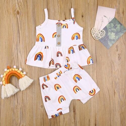 Newborn Baby Girls Casual Outfits 2 Pieces Kids Suit Set Rainbow Print U-Neck Sleeveless Pullover High Waist Shorts for Girls