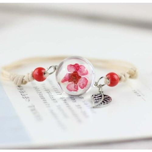 Simple Glass Ball Bracelets Boho Real Dry Peach Flower Dandelion Plant Specimen Bangles Women Adjustable Bracelets Jewelry Gifts