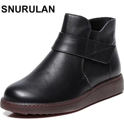 SNURULAN Autumn New women 100% Genuine Leather Boots Vintage Style Flat Booties Soft Cowhide Womens Shoes Ankle Boots Female