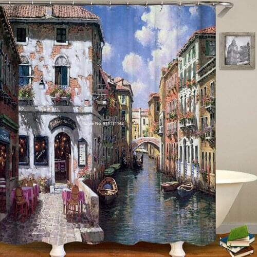 Modern Oil Painting House Printing Shower Curtain Toilet Decoration Waterproof and Mildewproof Hole Free Hook Shower Curtain
