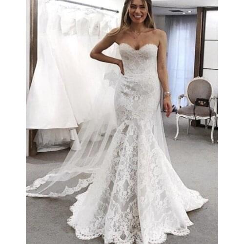 Mermaid Wedding Dresses Lace Sweetheart Button Back Sweep Train Strapless 2020 Bridal Gowns Vestido De Noiva Cheap