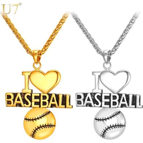 U7 Heart Necklace For Baseball Fan Stainless Sports Jewelry Gold Color "I Love Baseball" Charm Pendant For Men /Women Gift P848