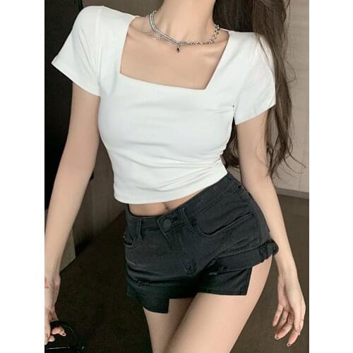 Women 's Square Neck Short-sleeved Bottoming T-shirt 2021 Summer New Style Korean Style Short Slim Slimming Top Trend