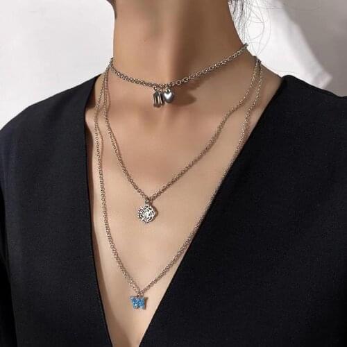 Autumn Womens Windbreaker Natural Style Stainless Steel Retro Butterfly Music Charm Three-Layer Necklace Choker Jewelry M189