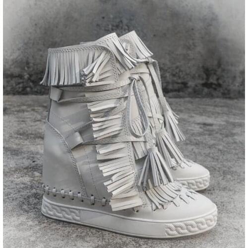 Dipsloot Black White Solid Color Cow Leather 8 cm Wedge Sneakers Woman Fringed Tassel Height Increasing Short Ankle Boots Shoes