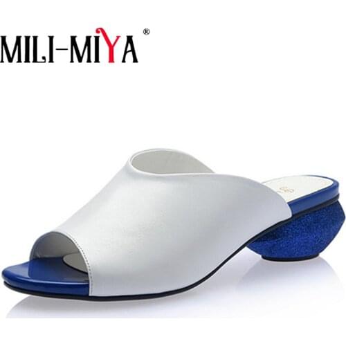 MILI-MIYA New Design Genuine Leather Sandals Woman Fashion Round Heels Slip-On Slippers Big Size 34-42 Dress Summer Shoes
