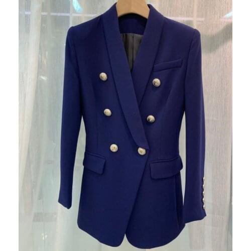 [ElfStyle] - TOP QUALITY Royal Blue Long Blazer Double Breasted Silver Button HIGH FASHION blazers Woman NEW