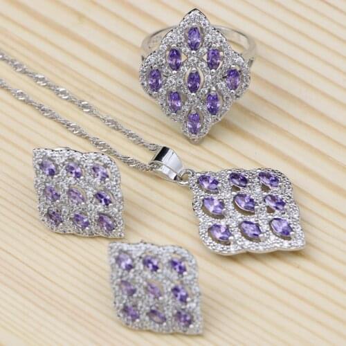Purple Cubic Zirconia White Crystal 925 Silver Accessories For Women Square Pendant Necklace Ring Stud Earring Jewelry Sets