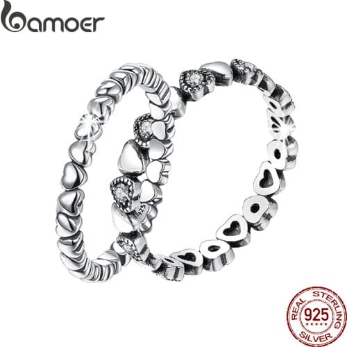 BAMOER Genuine 925 Sterling Silver Stackable Ring Heart Black CZ Finger Rings for Women Wedding Anniversary Jewelry Anel SCR140