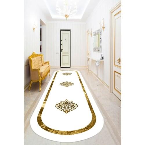 White Gold Motif Corridor Rug Washable Artificial Leather Cold-Proof Sole Foal Feather Easy Clean Stain-resistant Fabric